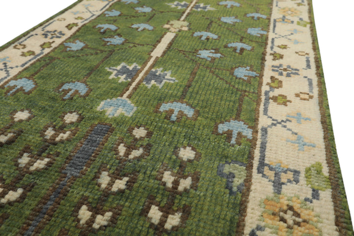 Runner Green, Ivory, Brown Color Hand Knotted Oushak Wool Traditional Oriental Rug