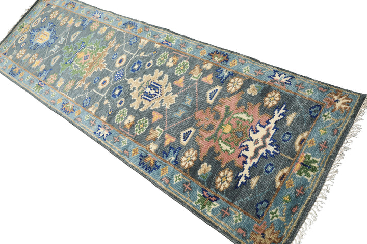 Runner Slate, Blue, Blush Color Hand Knotted Oushak Wool Traditional Oriental Rug