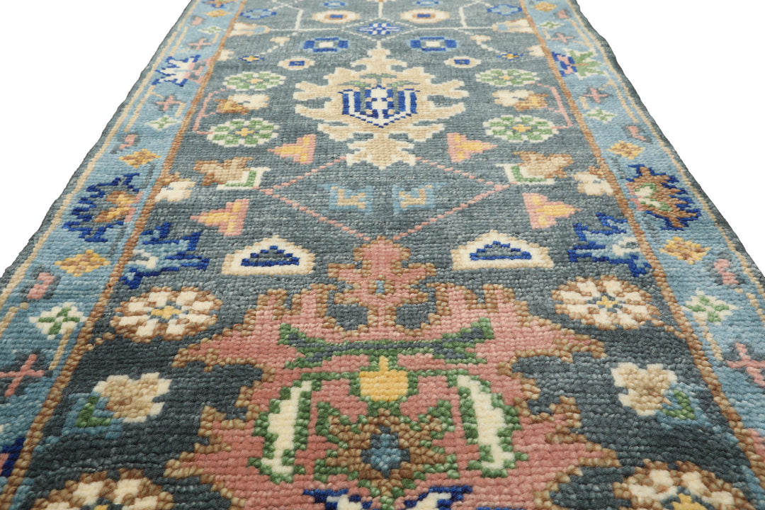 Runner Slate, Blue, Blush Color Hand Knotted Oushak Wool Traditional Oriental Rug