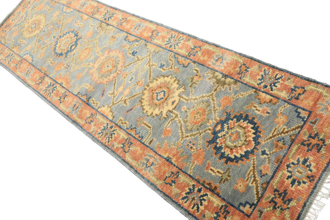 Runner Slate, Blue, Peach Color Hand Knotted Oushak Wool Traditional Oriental Rug
