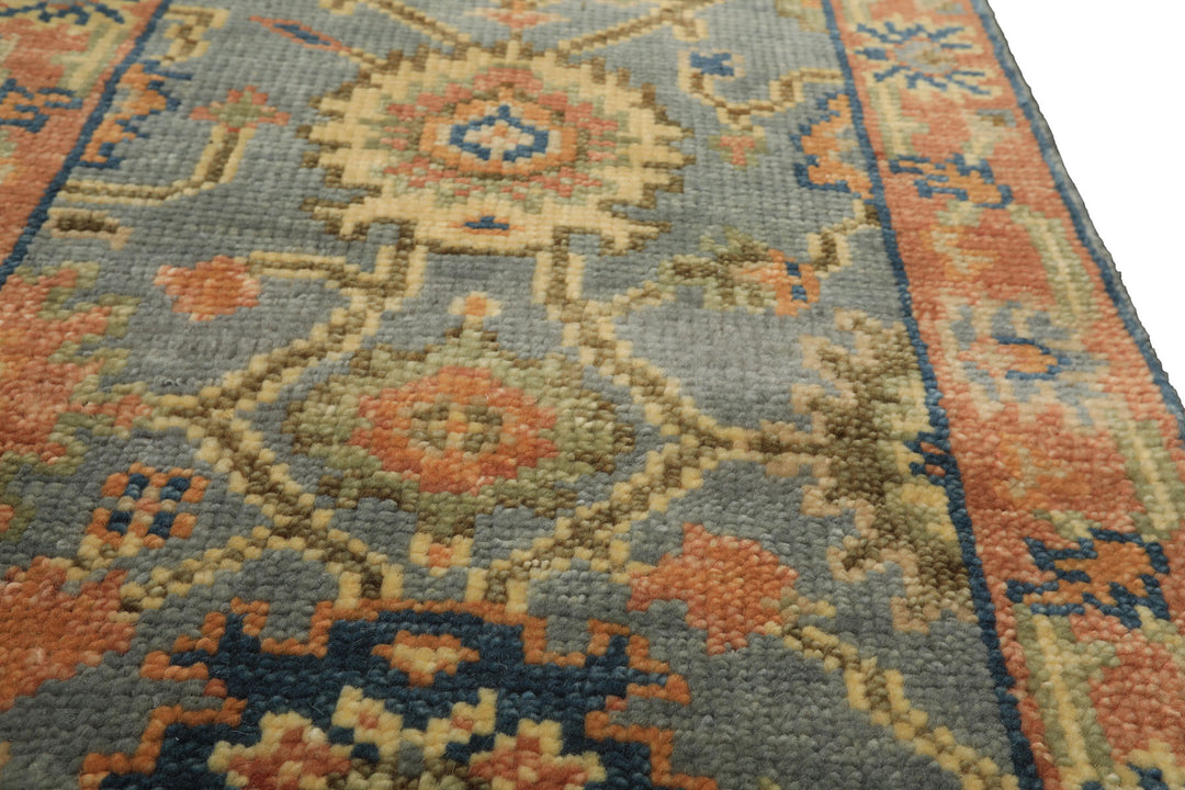 Runner Slate, Blue, Peach Color Hand Knotted Oushak Wool Traditional Oriental Rug