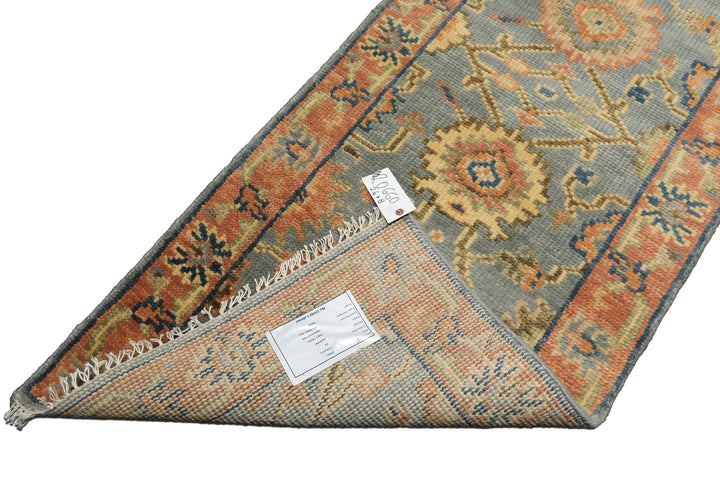Runner Slate, Blue, Peach Color Hand Knotted Oushak Wool Traditional Oriental Rug