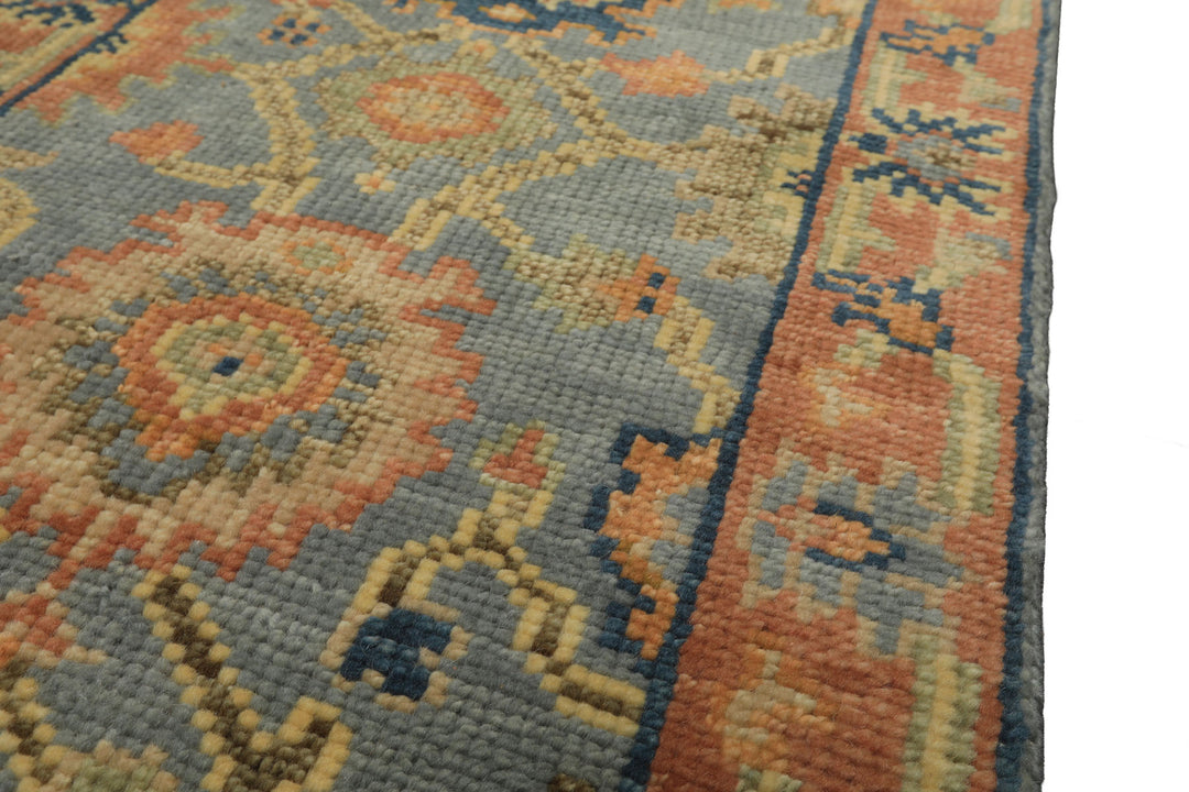 Runner Slate, Blue, Peach Color Hand Knotted Oushak Wool Traditional Oriental Rug