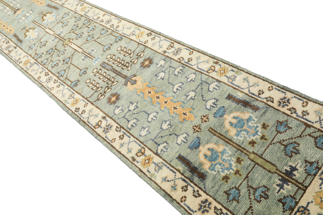Runner Celadon, Ivory, Brown Color Hand Knotted Oushak Wool Traditional Oriental Rug