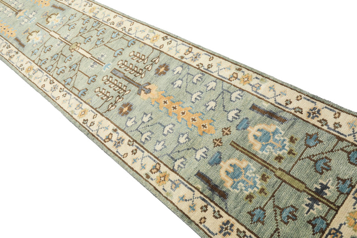 Runner Celadon, Ivory, Brown Color Hand Knotted Oushak Wool Traditional Oriental Rug