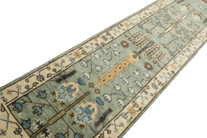 Runner Celadon, Ivory, Brown Color Hand Knotted Oushak Wool Traditional Oriental Rug