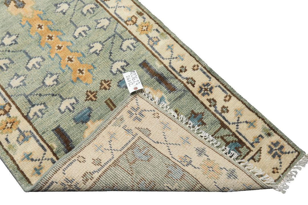 Runner Celadon, Ivory, Brown Color Hand Knotted Oushak Wool Traditional Oriental Rug