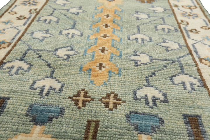 Runner Celadon, Ivory, Brown Color Hand Knotted Oushak Wool Traditional Oriental Rug