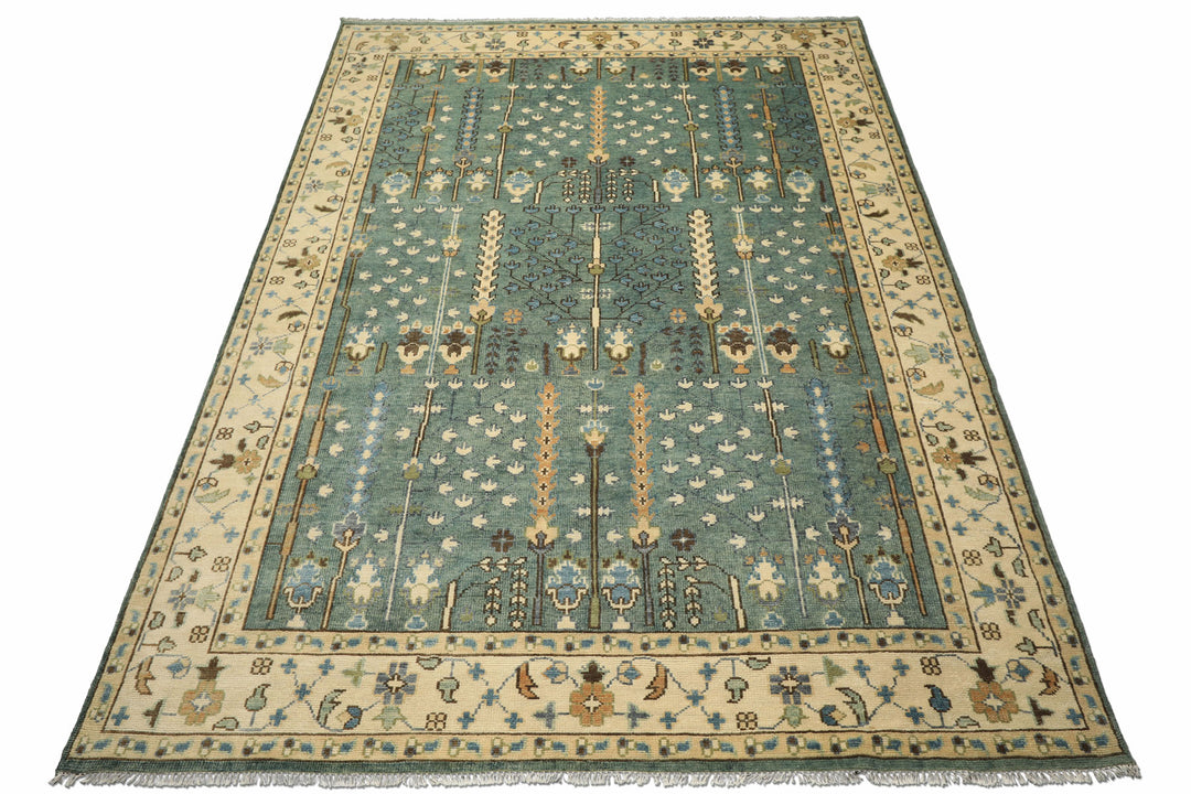 10x14 Celadon, Ivory, Brown Color Hand Knotted Oushak Wool Traditional Oriental Rug