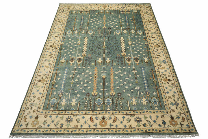 10x14 Celadon, Ivory, Brown Color Hand Knotted Oushak Wool Traditional Oriental Rug