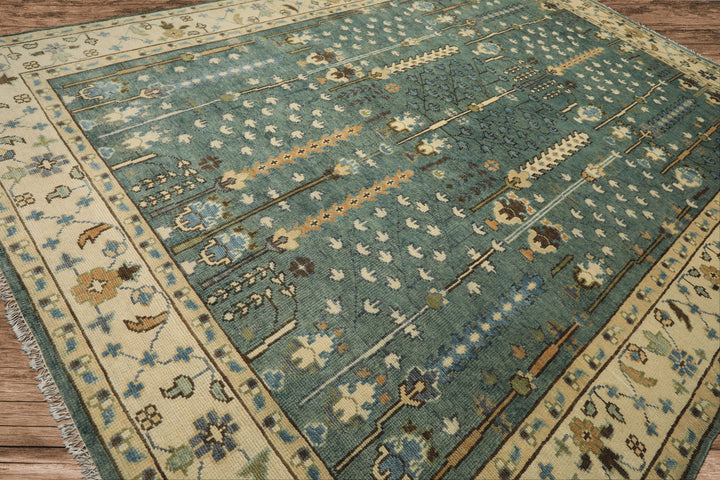 10x14 Celadon, Ivory, Brown Color Hand Knotted Oushak Wool Traditional Oriental Rug