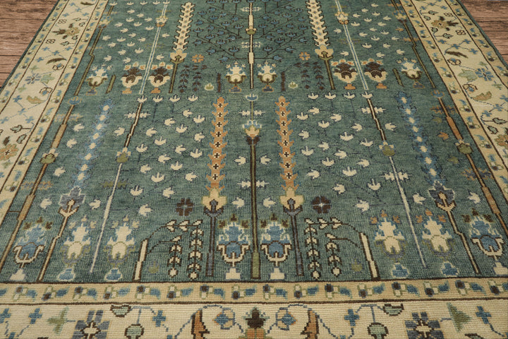 10x14 Celadon, Ivory, Brown Color Hand Knotted Oushak Wool Traditional Oriental Rug