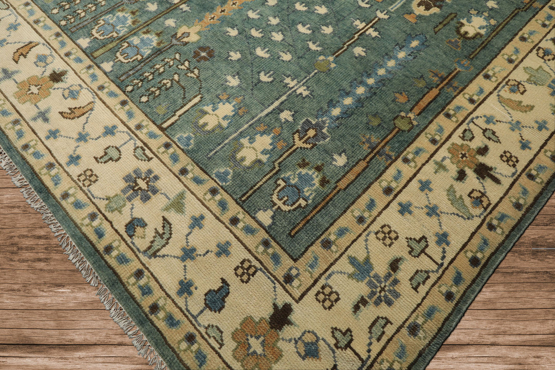 10x14 Celadon, Ivory, Brown Color Hand Knotted Oushak Wool Traditional Oriental Rug
