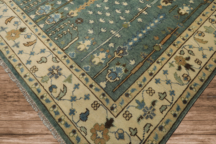 10x14 Celadon, Ivory, Brown Color Hand Knotted Oushak Wool Traditional Oriental Rug