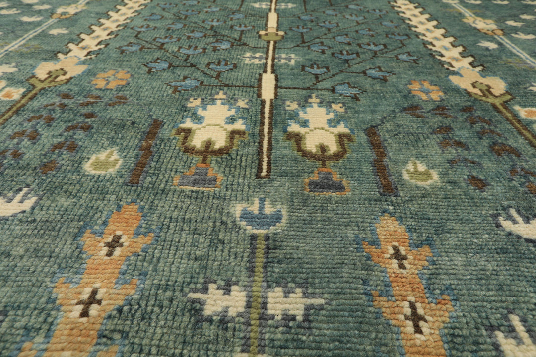 10x14 Celadon, Ivory, Brown Color Hand Knotted Oushak Wool Traditional Oriental Rug