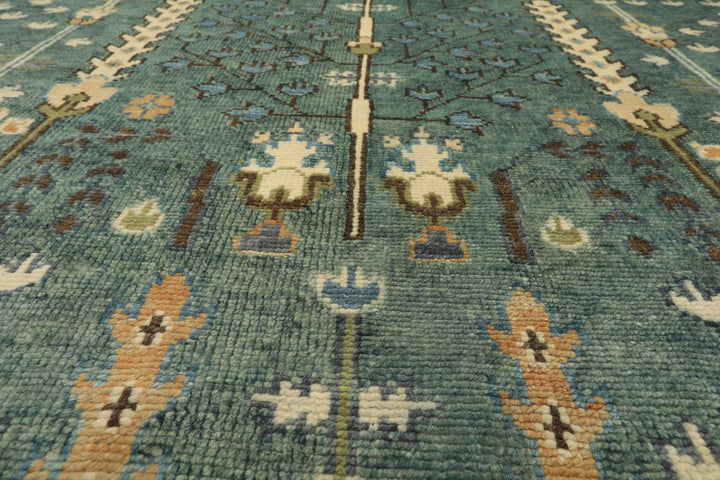 10x14 Celadon, Ivory, Brown Color Hand Knotted Oushak Wool Traditional Oriental Rug