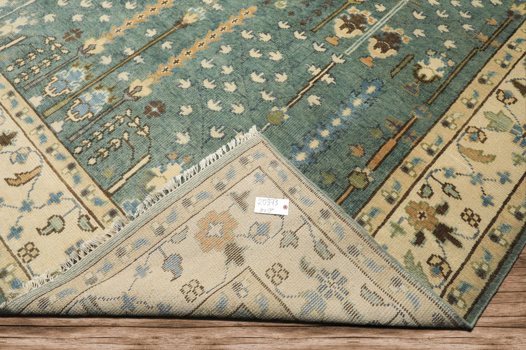 10x14 Celadon, Ivory, Brown Color Hand Knotted Oushak Wool Traditional Oriental Rug