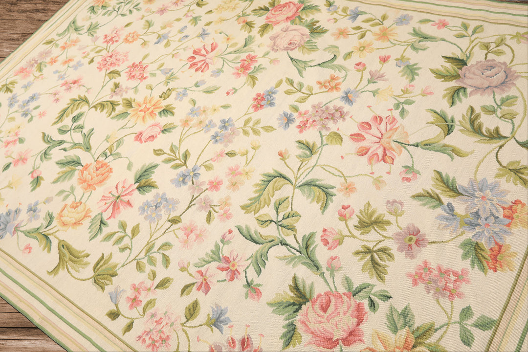 6x9 Ivory, Lime, Blue Color Hand Woven French Needlepoint Aubusson Wool Traditional Oriental Rug