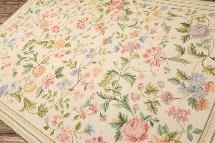 6x9 Ivory, Lime, Blue Color Hand Woven French Needlepoint Aubusson Wool Traditional Oriental Rug