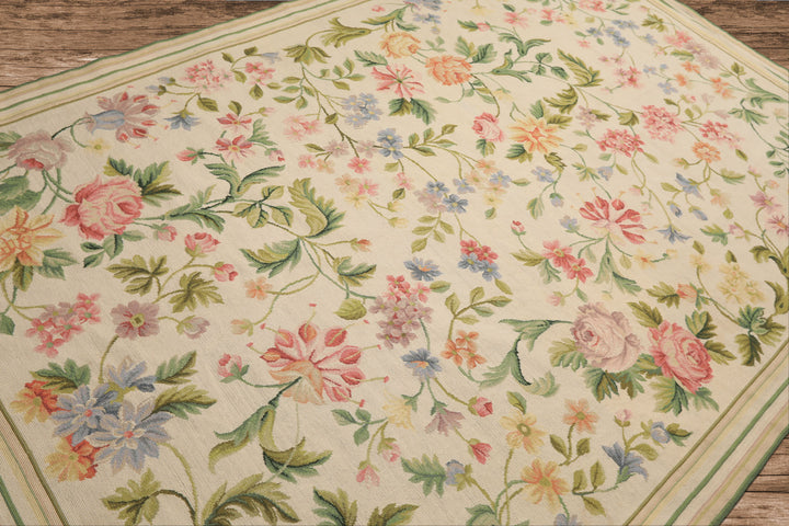 6x9 Ivory, Lime, Blue Color Hand Woven French Needlepoint Aubusson Wool Traditional Oriental Rug