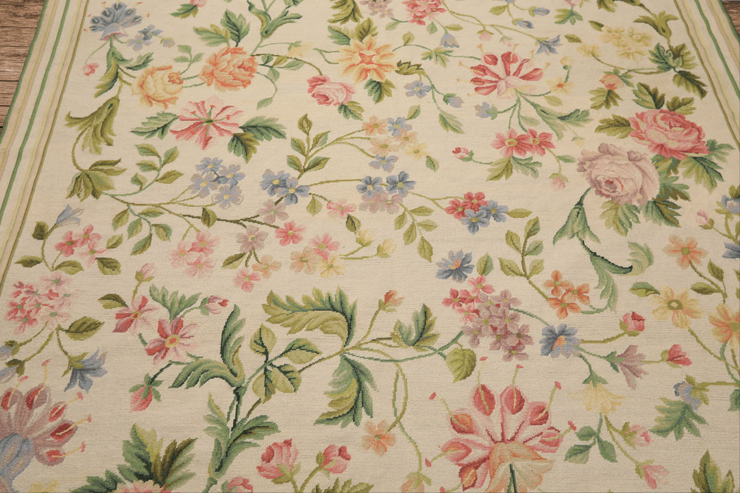 6x9 Ivory, Lime, Blue Color Hand Woven French Needlepoint Aubusson Wool Traditional Oriental Rug