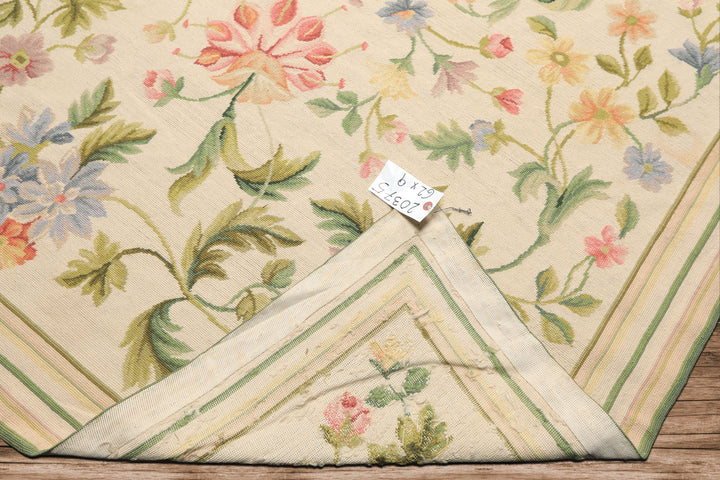 6x9 Ivory, Lime, Blue Color Hand Woven French Needlepoint Aubusson Wool Traditional Oriental Rug