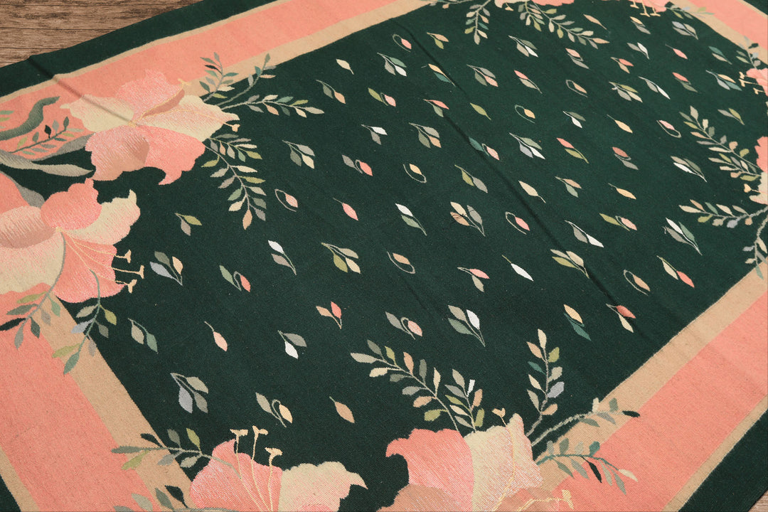 6x9 Green, Pink, Beige Color Hand Woven Durry Kilim Wool Traditional Oriental Rug