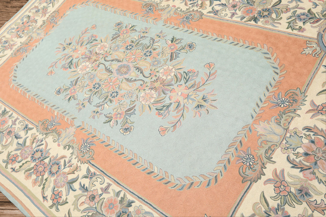 6x9 Aqua, Blush, Ivory Color Hand Woven Chainstitch Wool Traditional Oriental Rug