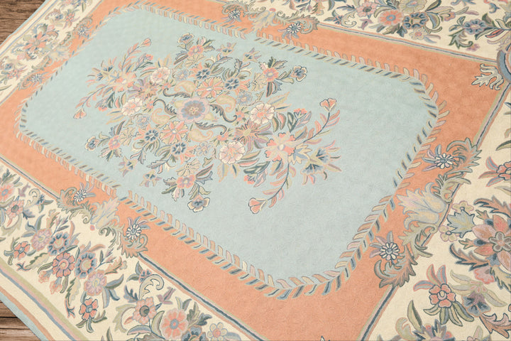 6x9 Aqua, Blush, Ivory Color Hand Woven Chainstitch Wool Traditional Oriental Rug
