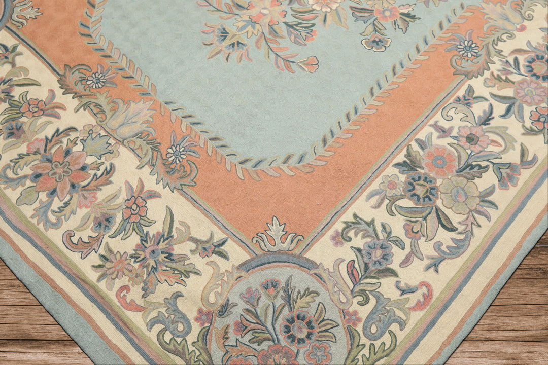 6x9 Aqua, Blush, Ivory Color Hand Woven Chainstitch Wool Traditional Oriental Rug