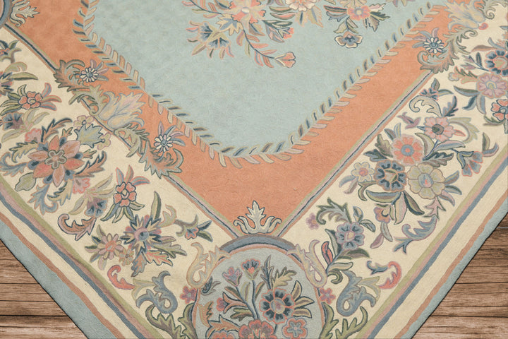6x9 Aqua, Blush, Ivory Color Hand Woven Chainstitch Wool Traditional Oriental Rug
