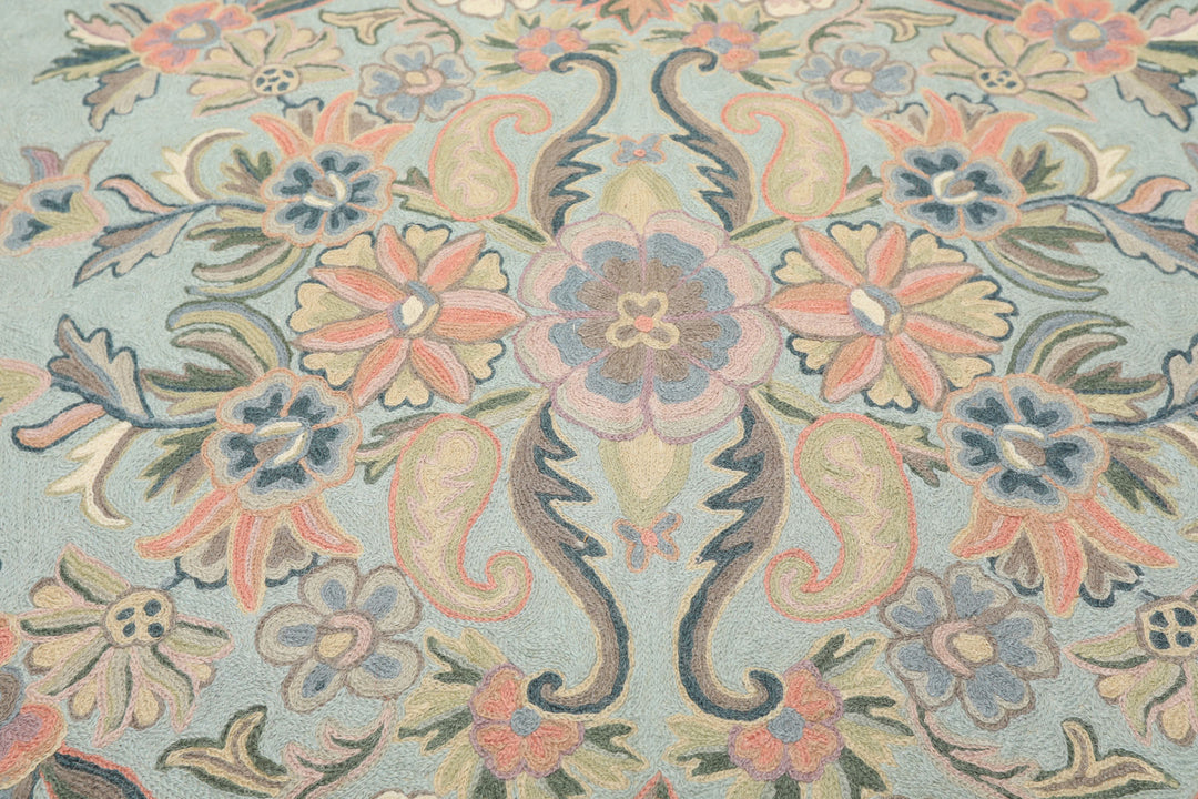 6x9 Aqua, Blush, Ivory Color Hand Woven Chainstitch Wool Traditional Oriental Rug