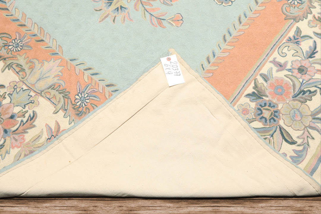 6x9 Aqua, Blush, Ivory Color Hand Woven Chainstitch Wool Traditional Oriental Rug