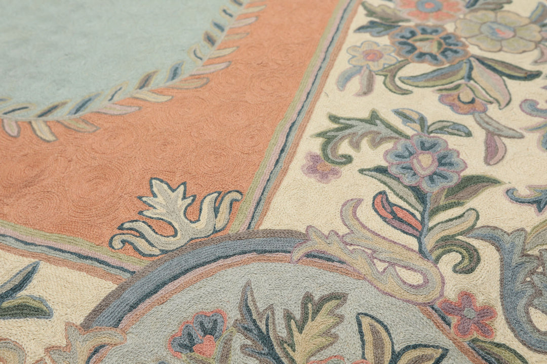 6x9 Aqua, Blush, Ivory Color Hand Woven Chainstitch Wool Traditional Oriental Rug