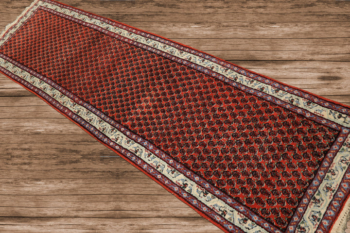 Runner Orange, Ivory, Celadon Color Hand Knotted Boteh Wool Traditional Oriental Rug