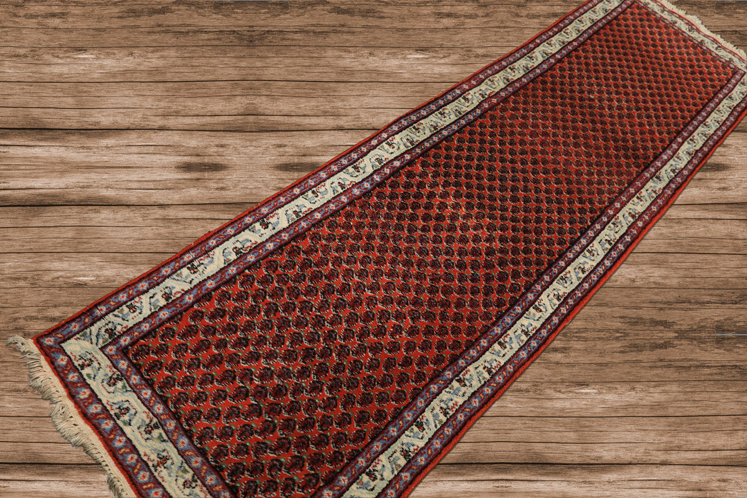 Runner Orange, Ivory, Celadon Color Hand Knotted Boteh Wool Traditional Oriental Rug