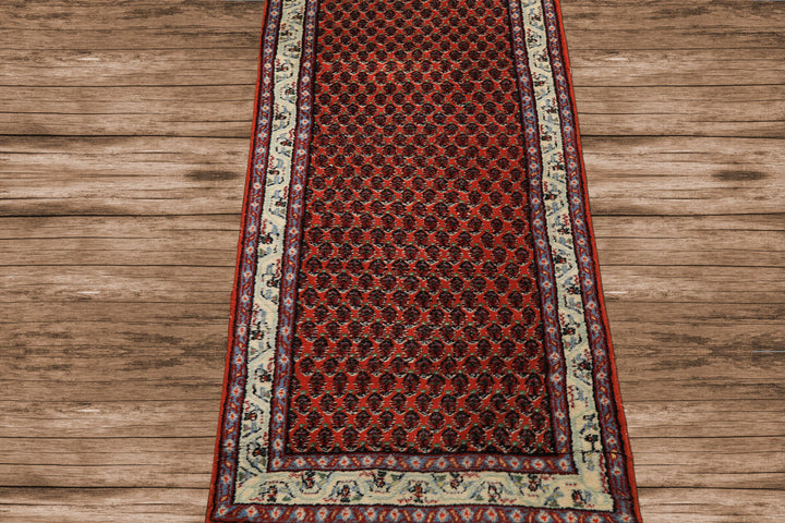Runner Orange, Ivory, Celadon Color Hand Knotted Boteh Wool Traditional Oriental Rug