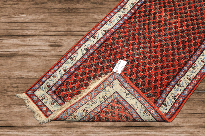 Runner Orange, Ivory, Celadon Color Hand Knotted Boteh Wool Traditional Oriental Rug