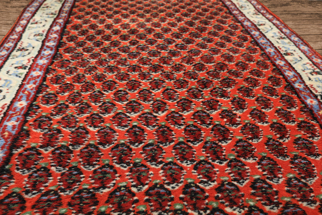 Runner Orange, Ivory, Celadon Color Hand Knotted Boteh Wool Traditional Oriental Rug