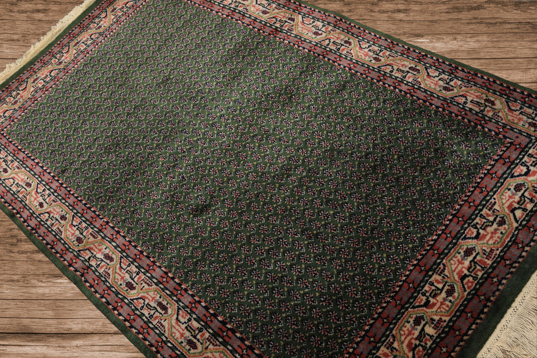 4x6 Green, Ivory, Blue Color Hand Knotted Boteh Wool Traditional Oriental Rug