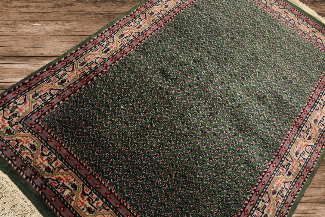 4x6 Green, Ivory, Blue Color Hand Knotted Boteh Wool Traditional Oriental Rug