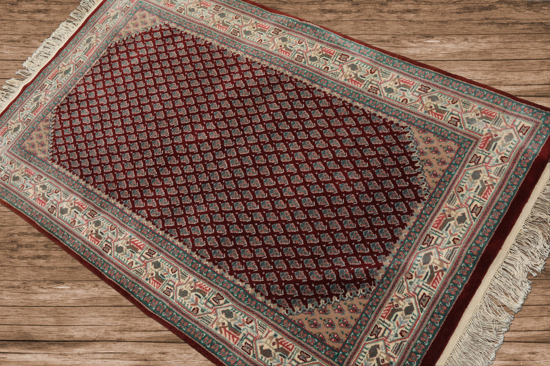 3x5 Maroon, Ivory, Aqua Color Hand Knotted Boteh Wool Traditional Oriental Rug