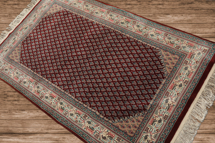 3x5 Maroon, Ivory, Aqua Color Hand Knotted Boteh Wool Traditional Oriental Rug