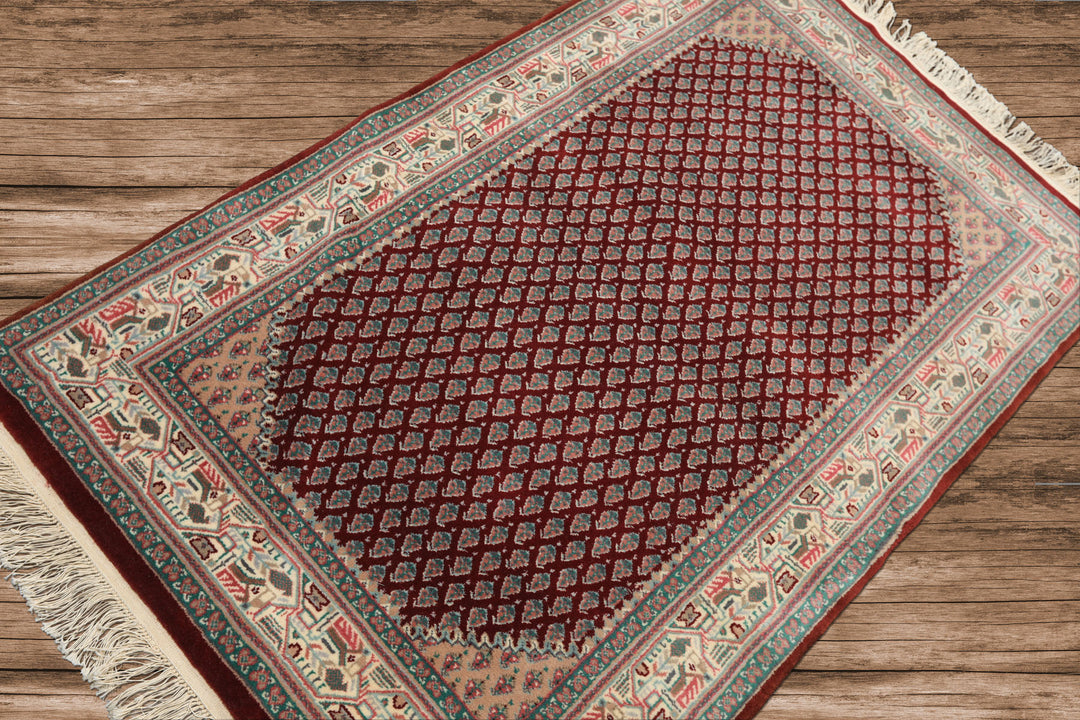 3x5 Maroon, Ivory, Aqua Color Hand Knotted Boteh Wool Traditional Oriental Rug