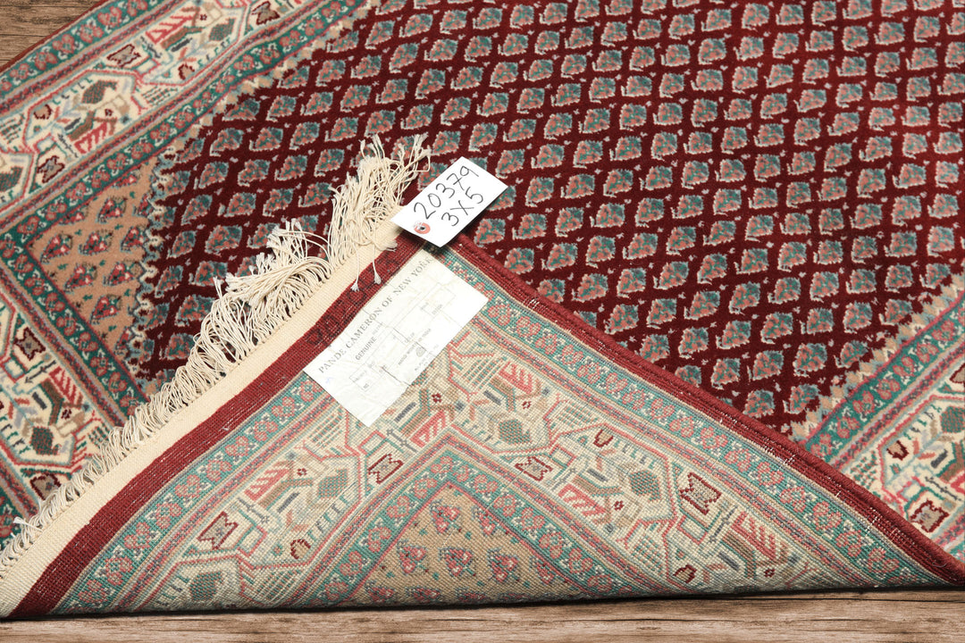 3x5 Maroon, Ivory, Aqua Color Hand Knotted Boteh Wool Traditional Oriental Rug