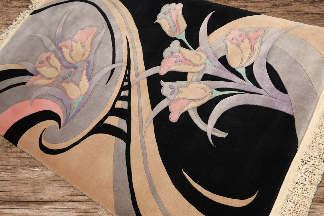 4x6 Black, Beige, Lavender Color Hand Knotted Chinese Art Deco Wool Transitional Oriental Rug