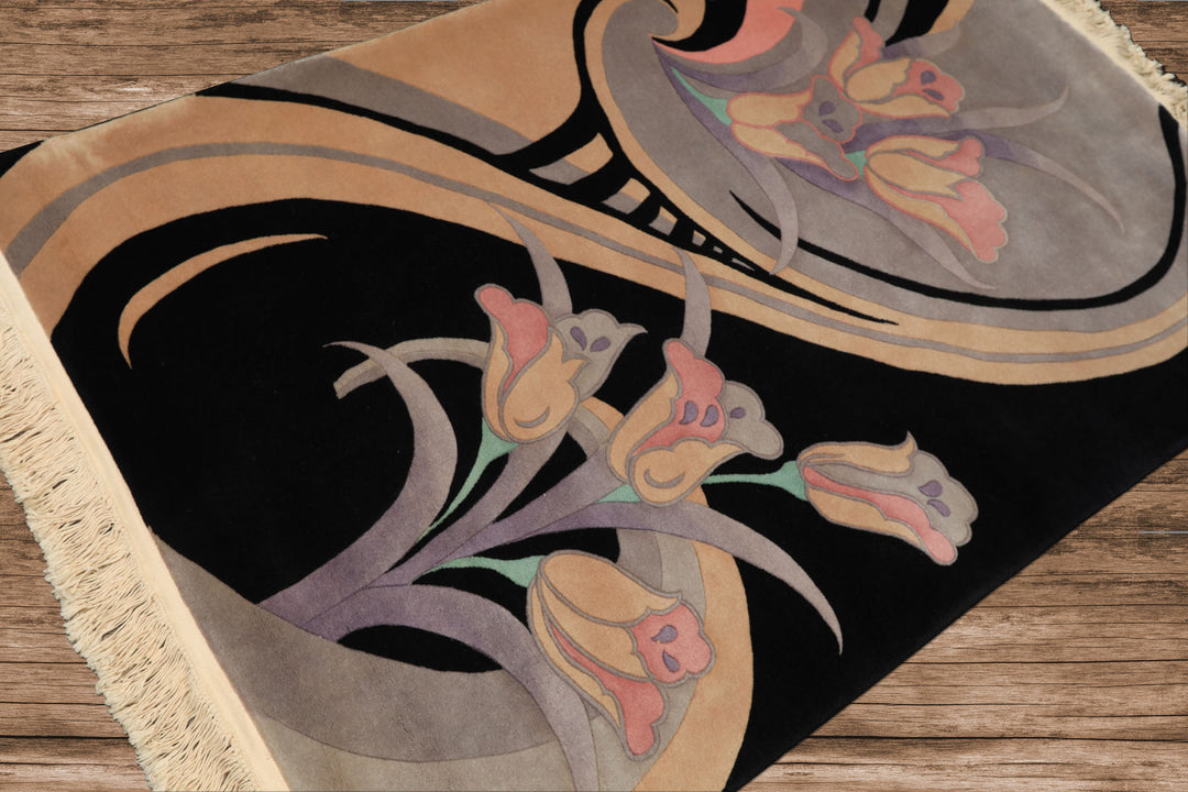 4x6 Black, Beige, Lavender Color Hand Knotted Chinese Art Deco Wool Transitional Oriental Rug