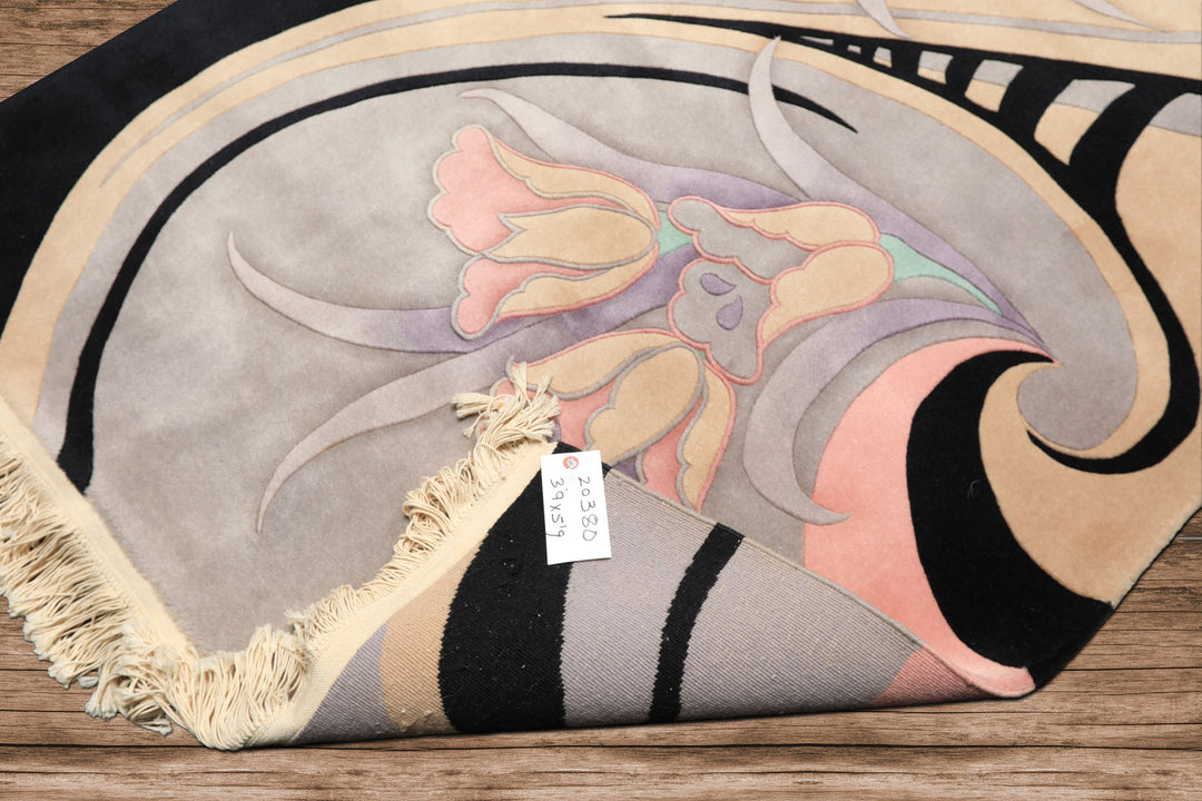 4x6 Black, Beige, Lavender Color Hand Knotted Chinese Art Deco Wool Transitional Oriental Rug