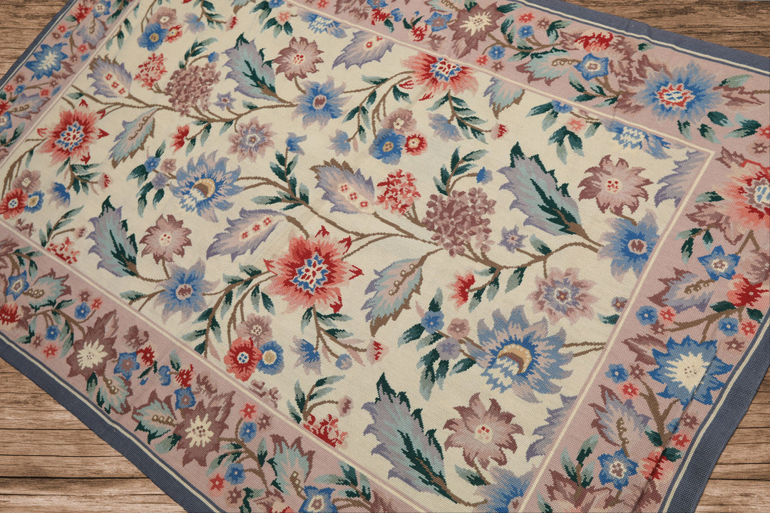 4x6 Ivory, Blush, Blue Color Hand Knotted French Needlepoint Aubusson Wool Traditional Oriental Rug
