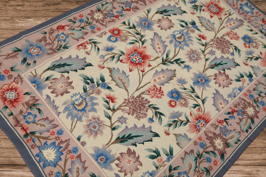4x6 Ivory, Blush, Blue Color Hand Knotted French Needlepoint Aubusson Wool Traditional Oriental Rug